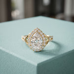 2.35CTW Pear Cut Lab Grown Diamond Romantic Scroll Halo Ring for Women Gold