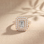 2.5CTW Emerald Cut Lab Grown Diamond Double Halo Engagement Ring for Women Rose Gold