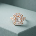 2.5CTW Emerald Cut Lab Grown Diamond Double Halo Engagement Ring for Women Rose Gold