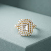 2.5CTW Emerald Cut Lab Grown Diamond Double Halo Engagement Ring for Women Gold