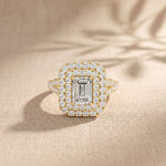 2.5CTW Emerald Cut Lab Grown Diamond Double Halo Engagement Ring for Women Gold