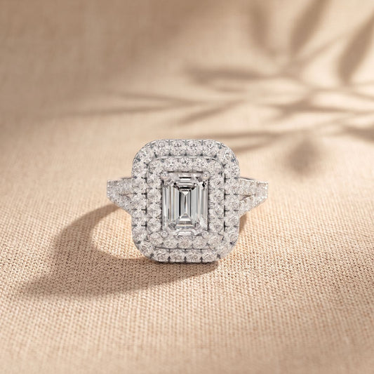 2.5CTW Emerald Cut Lab Grown Diamond Double Halo Engagement Ring for Women White