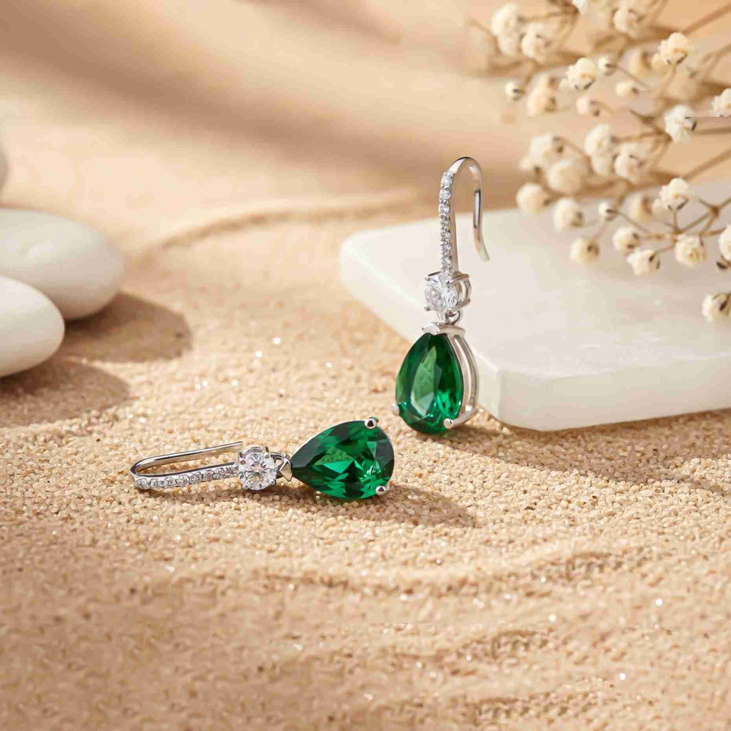 925 Sterling Silver Green Emerald Teardrop Earrings