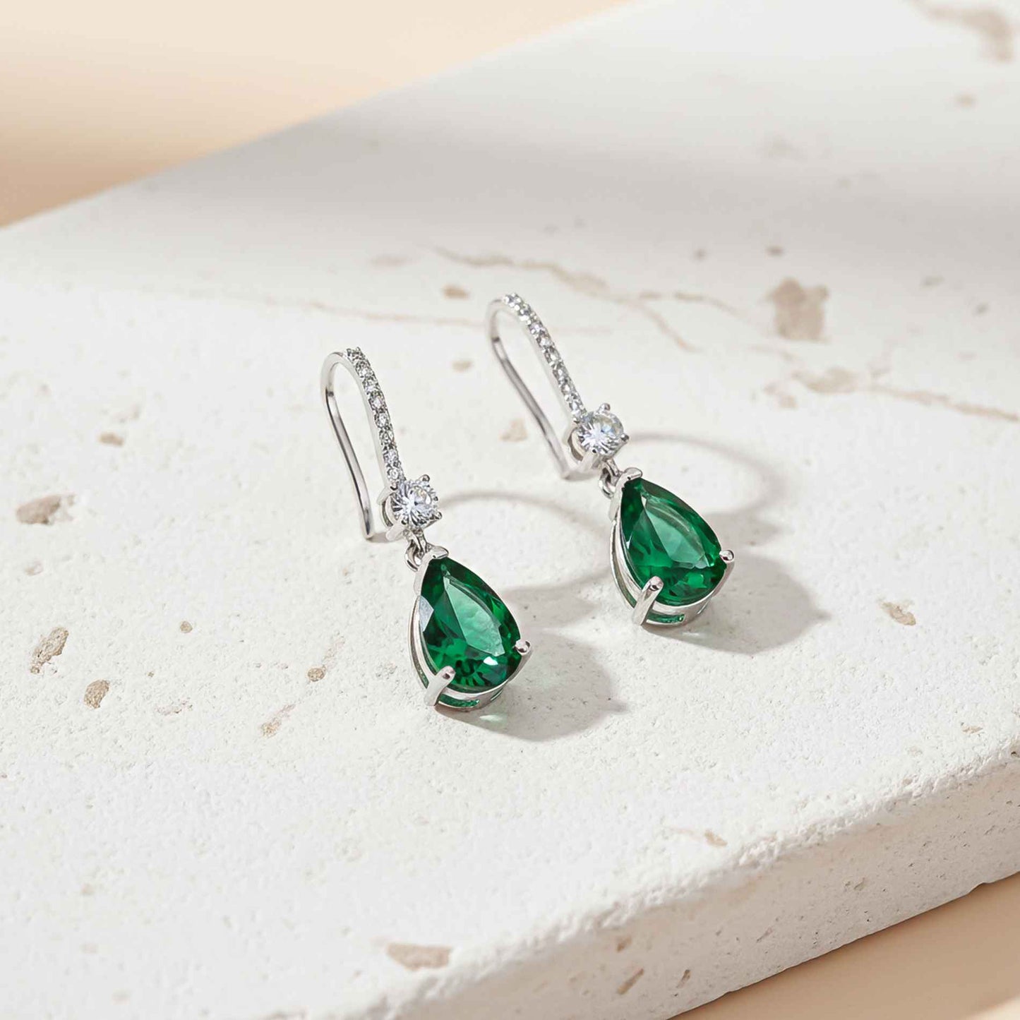 925 Sterling Silver Green Emerald Teardrop Earrings