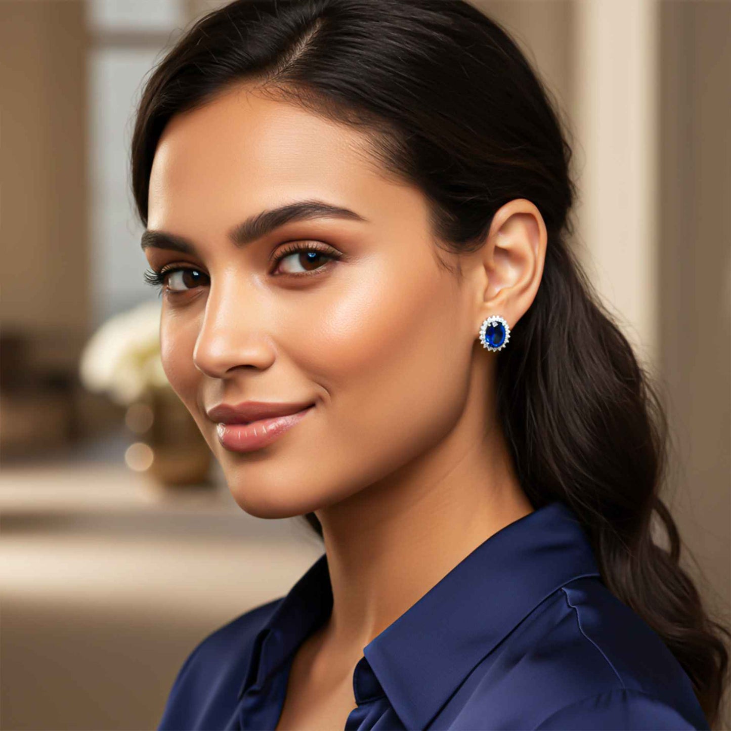 925 Sterling Silver Royal Blue Halo Studs For Girls