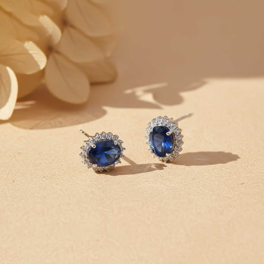 925 Sterling Silver Royal Blue Halo Studs For Girls