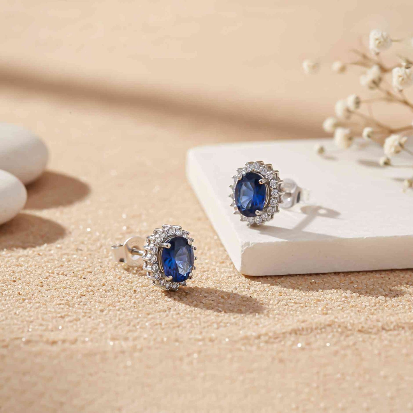 925 Sterling Silver Royal Blue Halo Studs For Girls