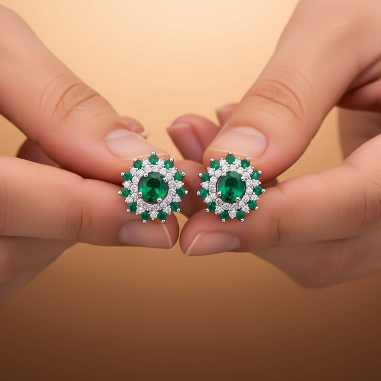 925 Sterling Silver Cluster Green Circle Studs