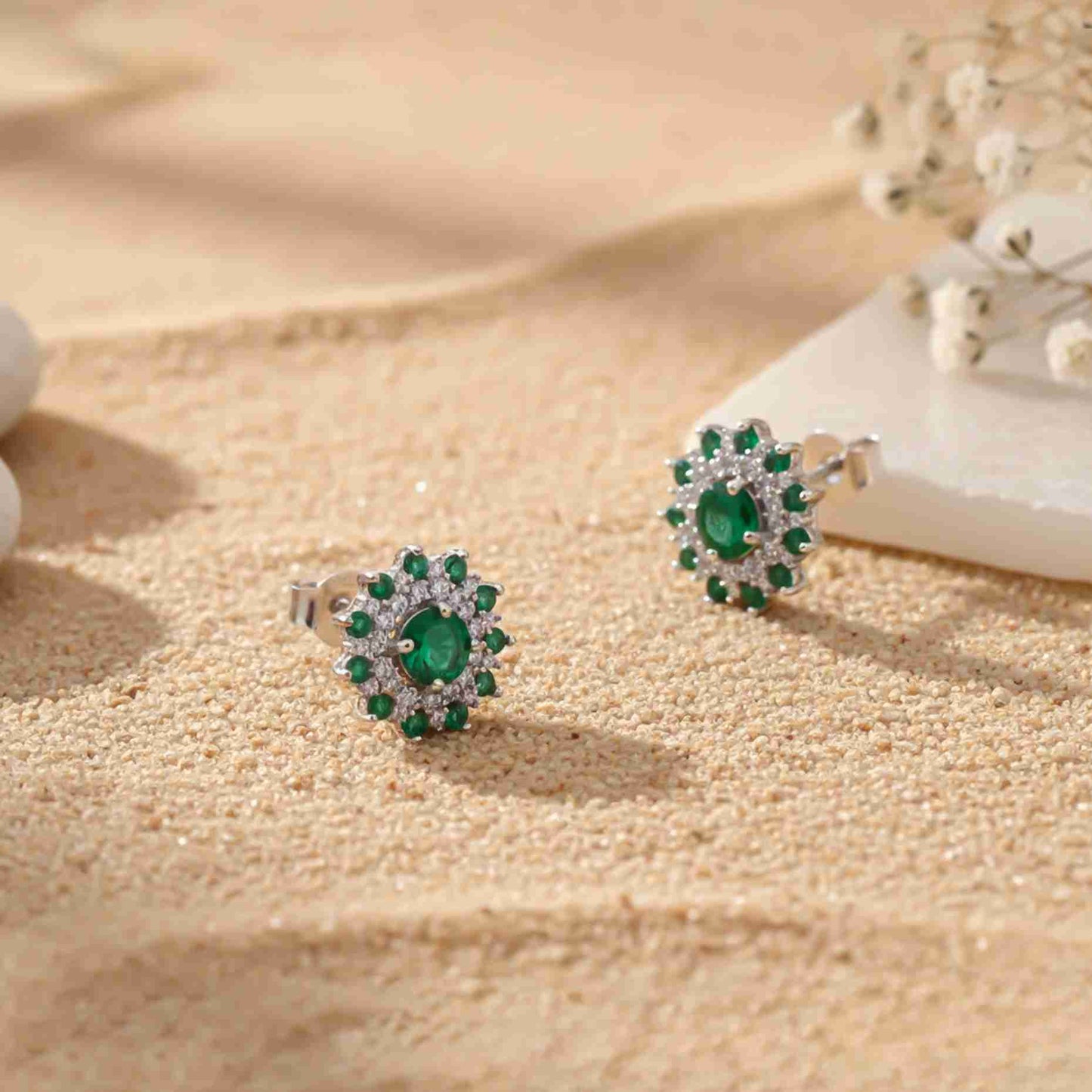 925 Sterling Silver Cluster Green Circle Studs