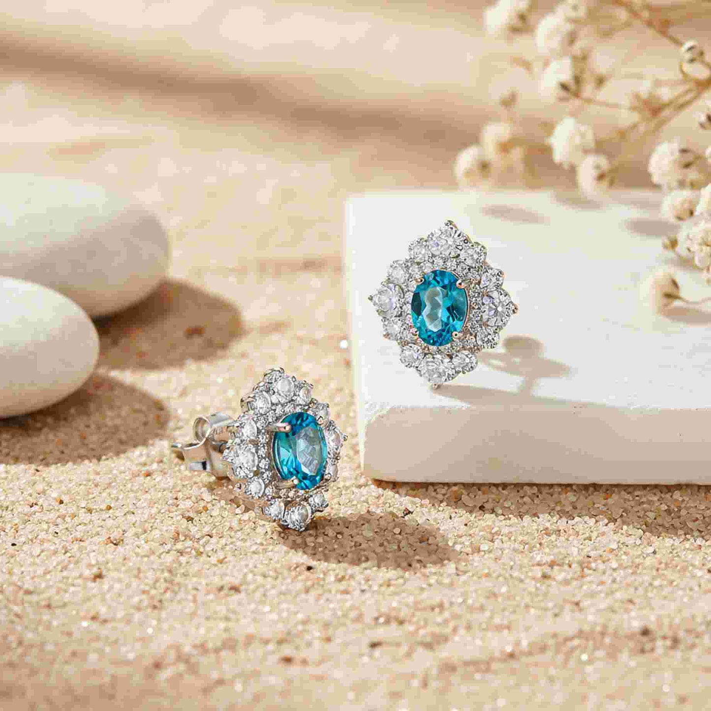925 Sterling Silver Topaz Flower Stud Earrings
