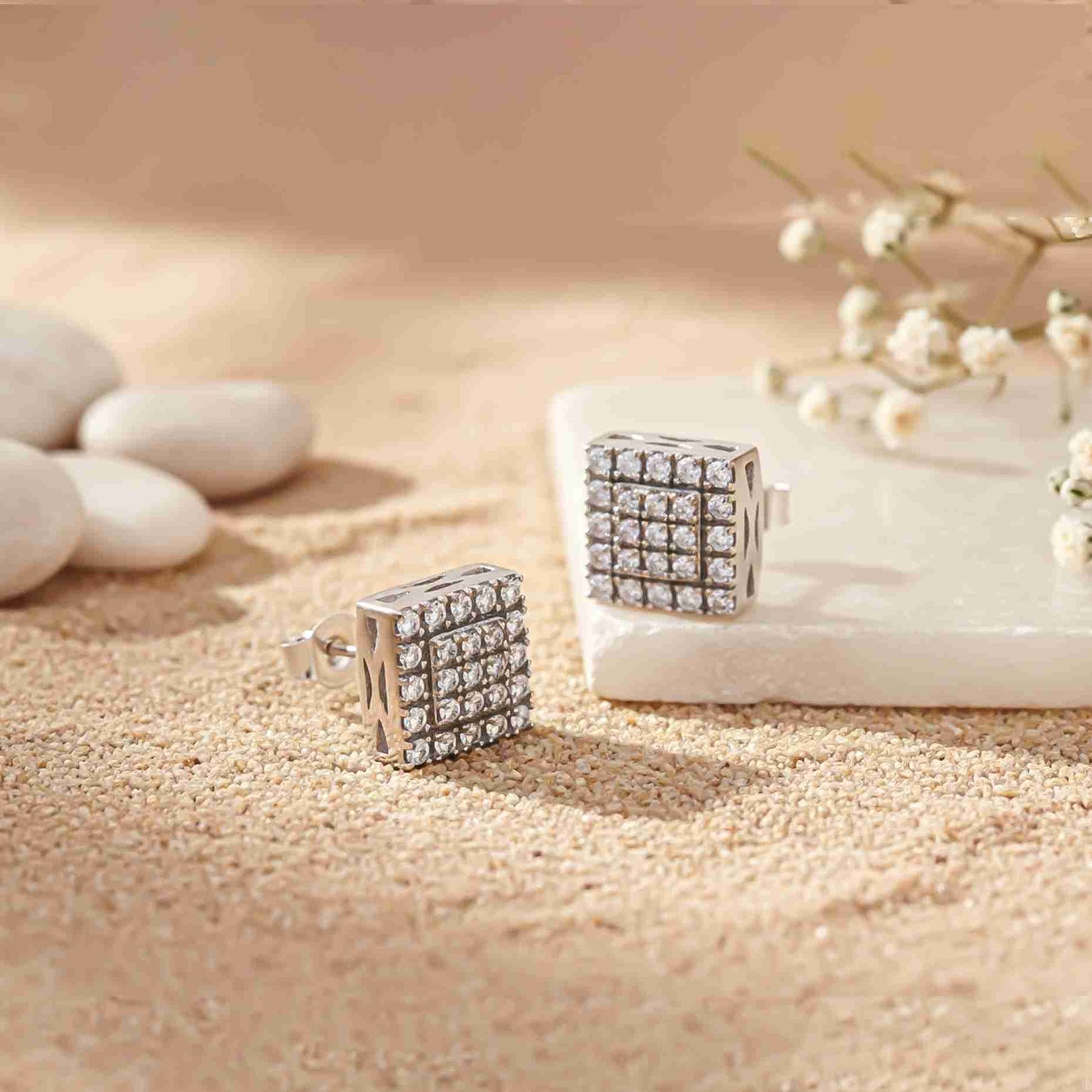 925 Sterling Silver Zircon Unisex Square Studs