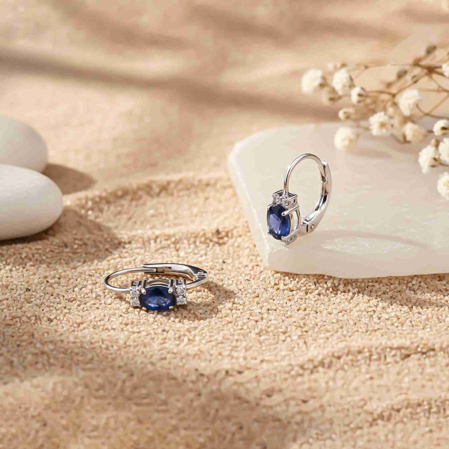 925 Sterling Silver Blue Oval Drop Earrings