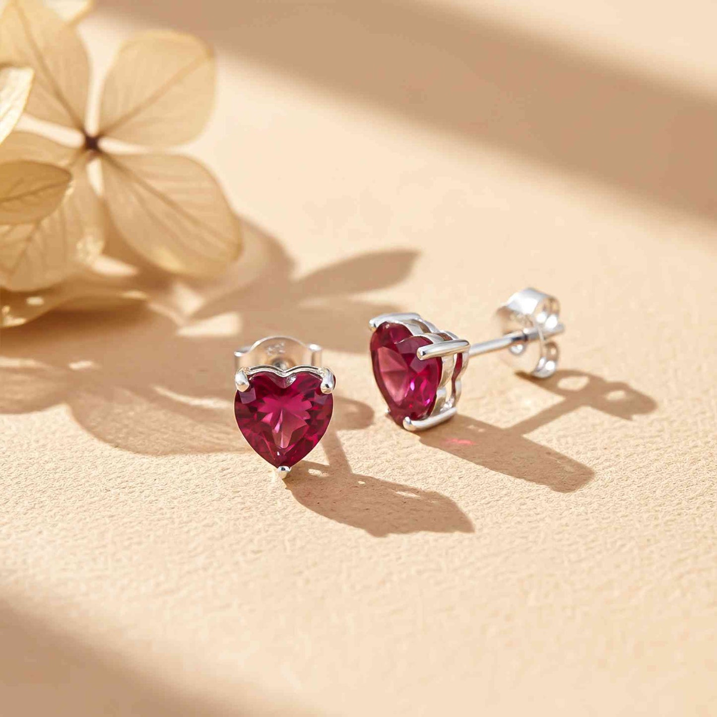 925 Sterling Silver Heart Red Ruby Stud Earring