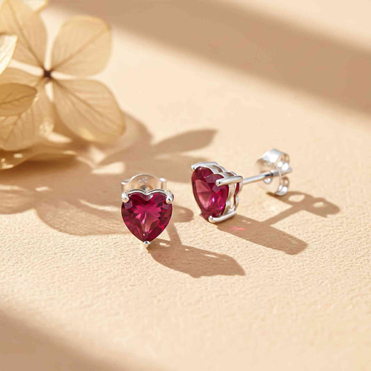 925 Sterling Silver Heart Red Ruby Stud Earring