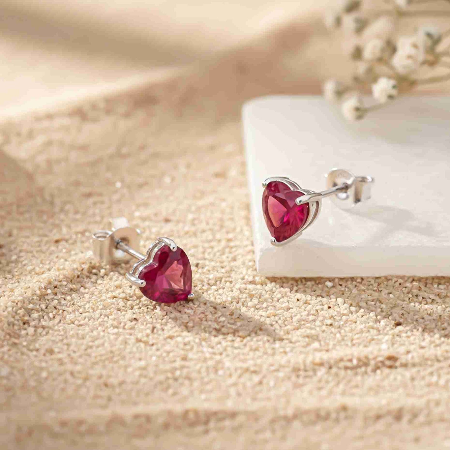 925 Sterling Silver Heart Red Ruby Stud Earring