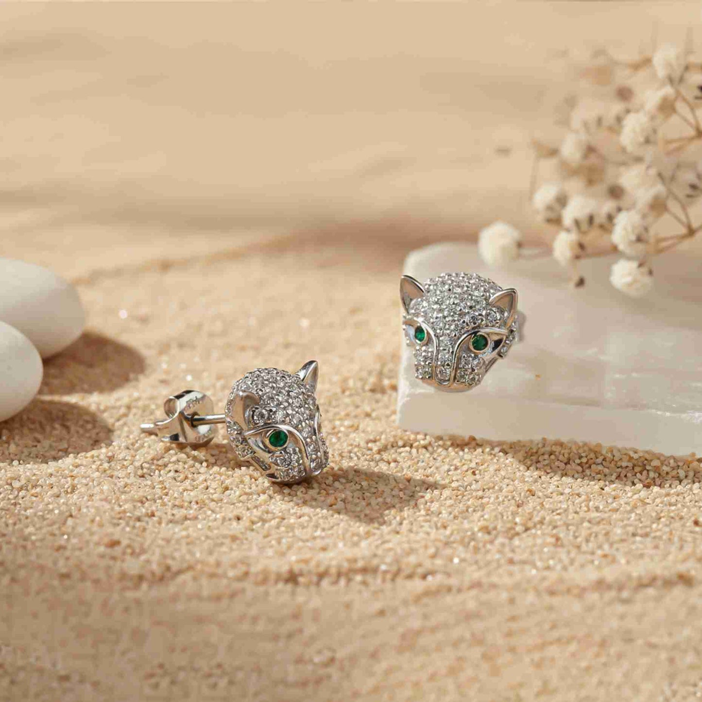 925 Sterling Silver Green Panther Stud Earrings