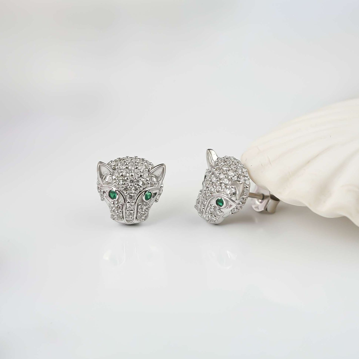925 Sterling Silver Green Panther Stud Earrings
