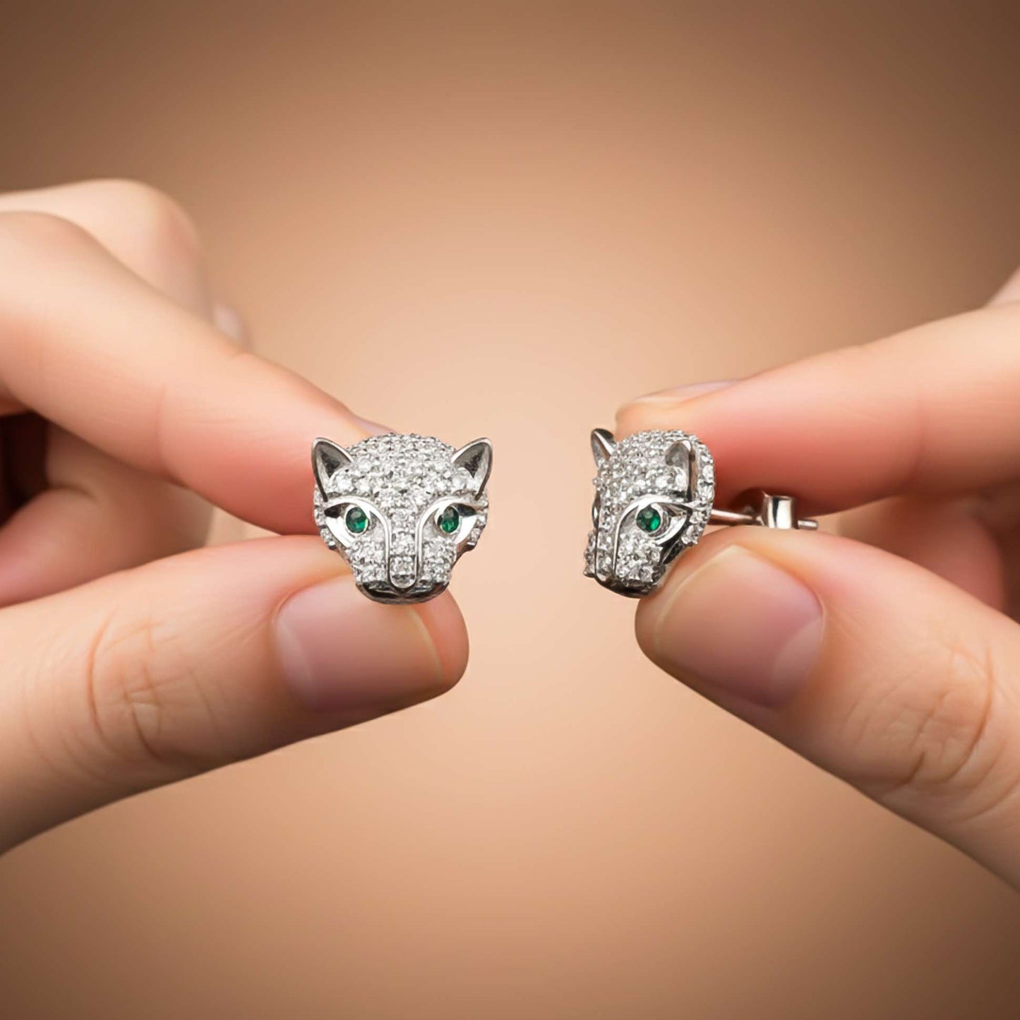 925 Sterling Silver Green Panther Stud Earrings