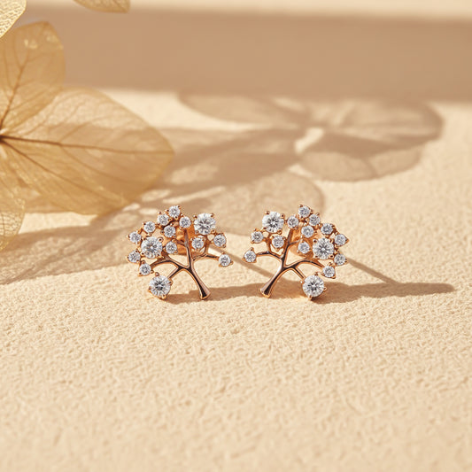 925 Sterling Silver With 14K Gold Plated Dainty Tree Stud Earrings