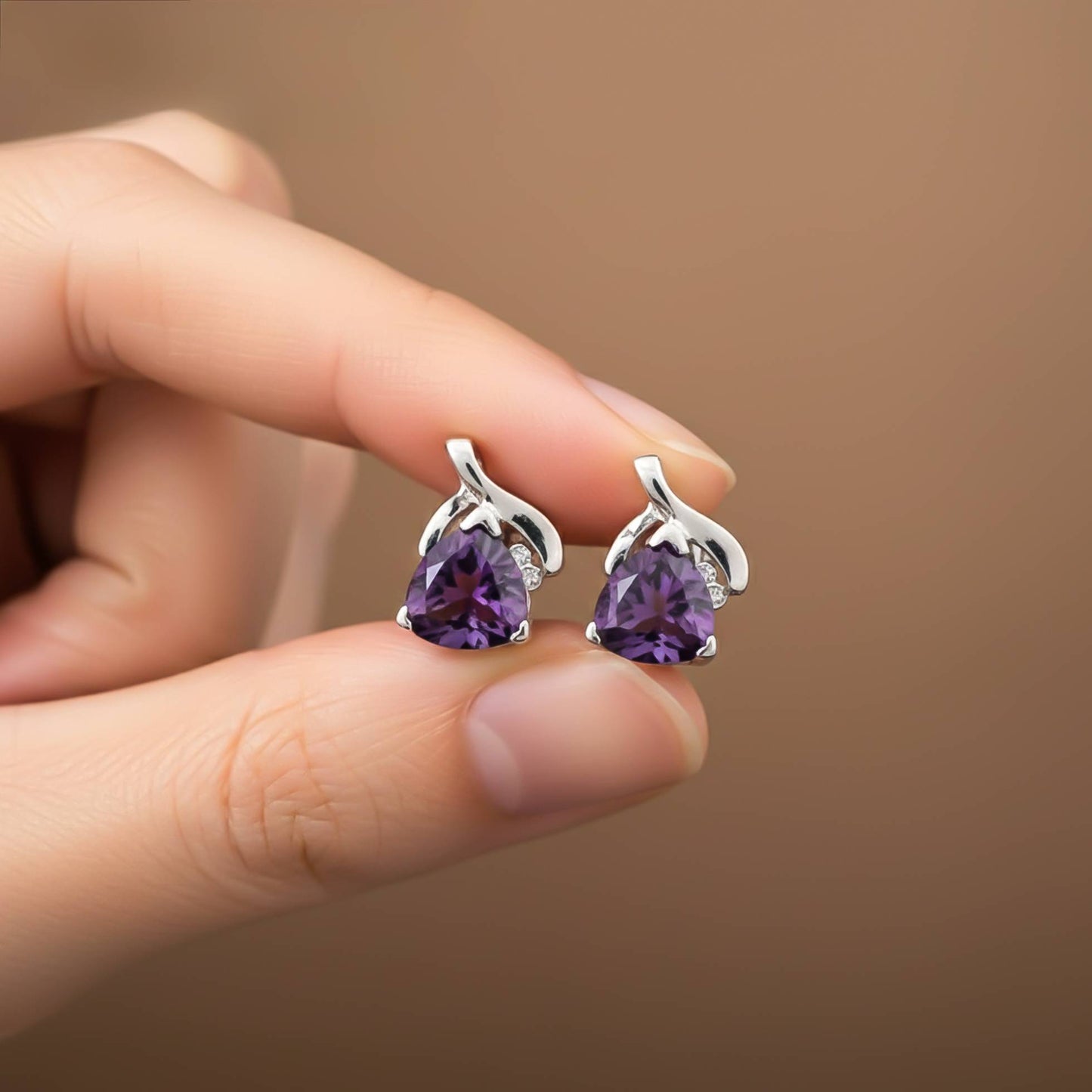925 Sterling Silver Purple Triangle Stud Earrings