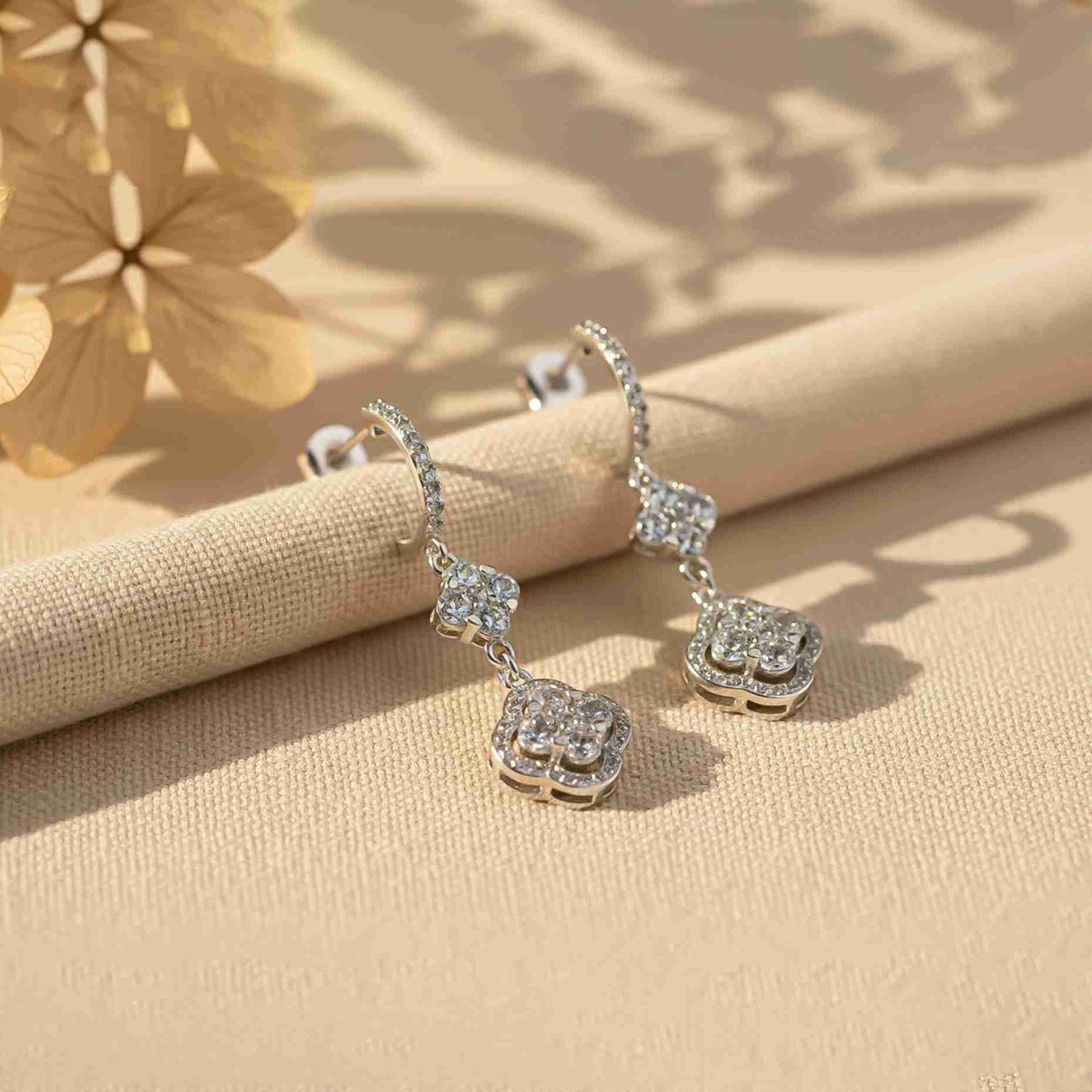 925 Sterling Silver Floral Clover CZ Studded Earrings