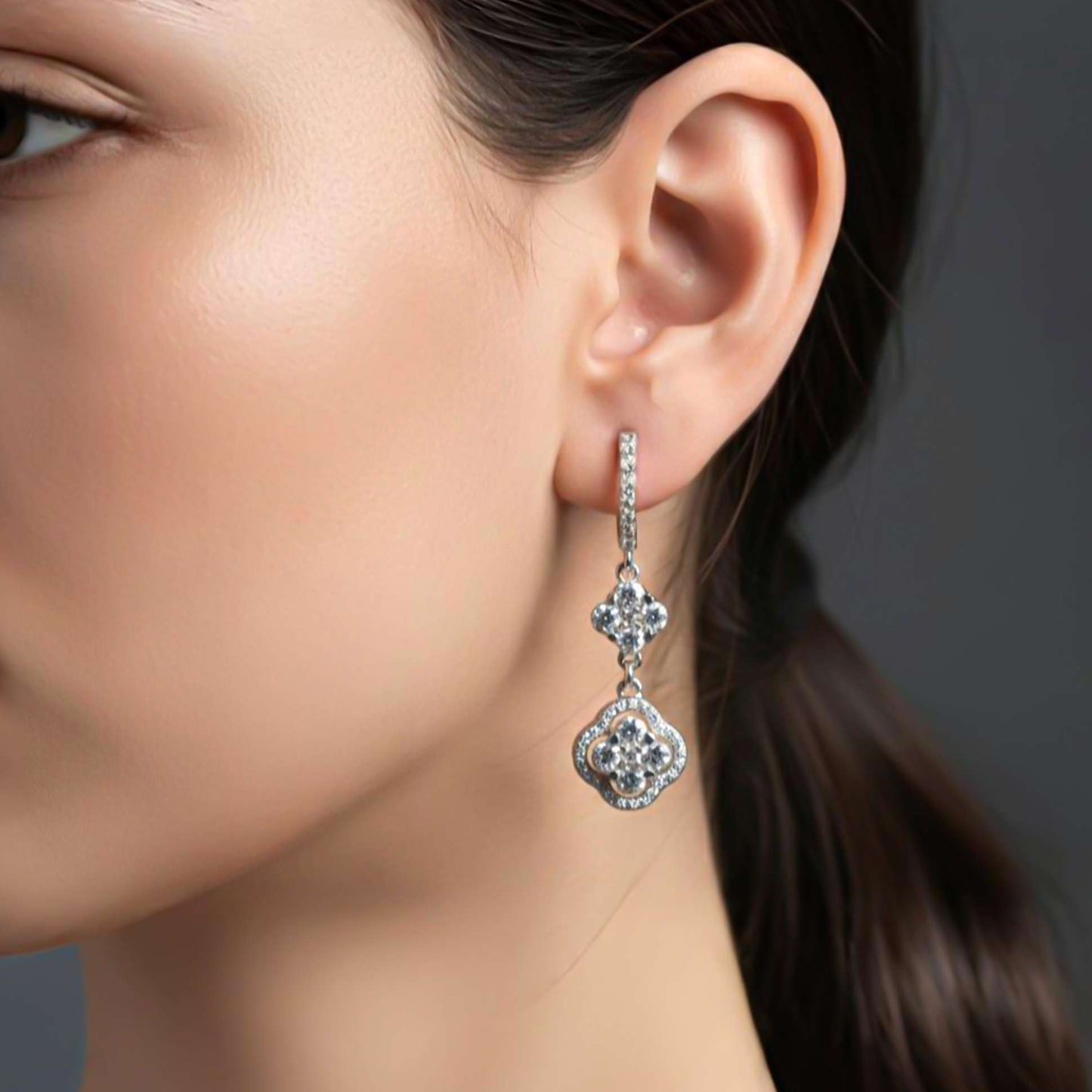 925 Sterling Silver Floral Clover CZ Studded Earrings