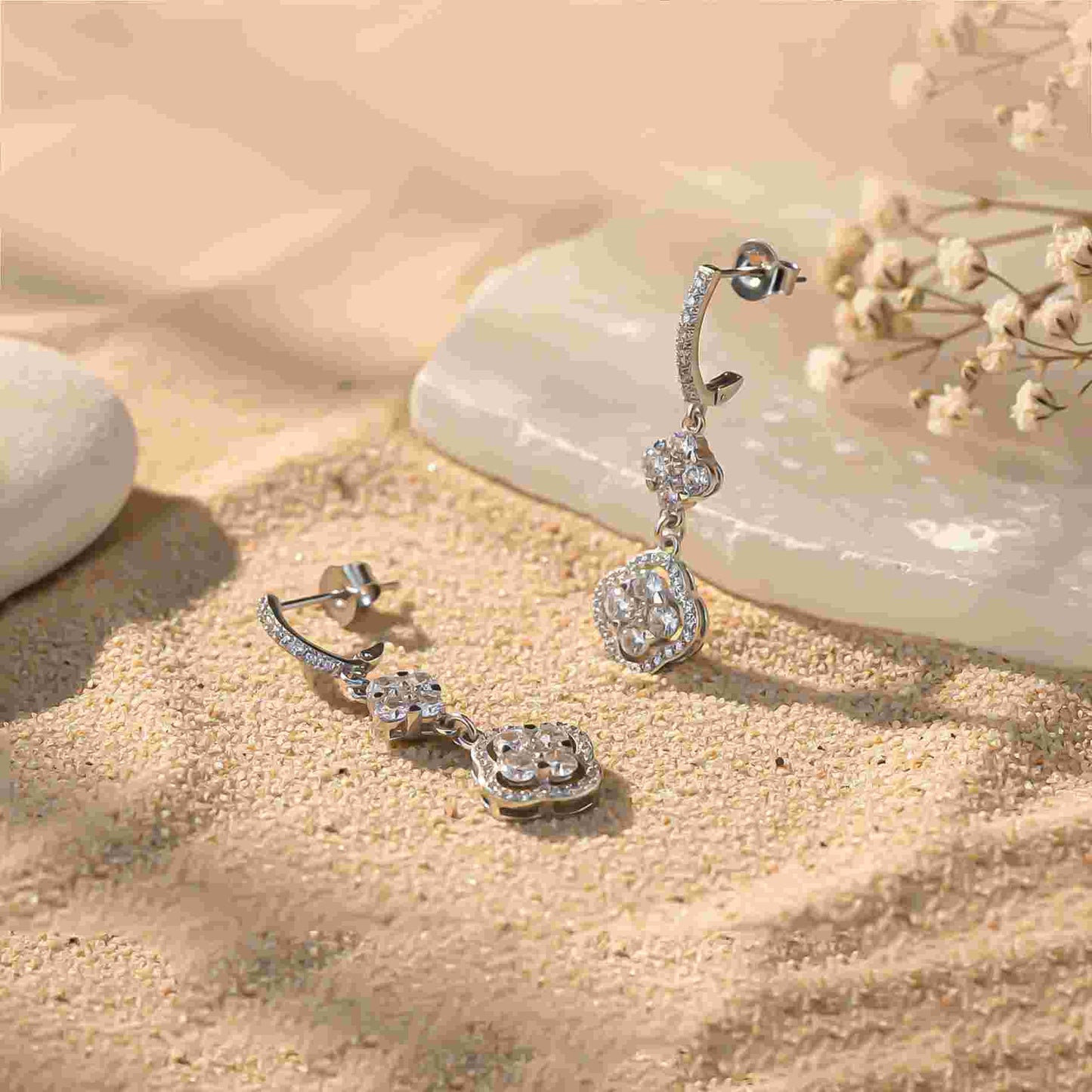925 Sterling Silver Floral Clover CZ Studded Earrings