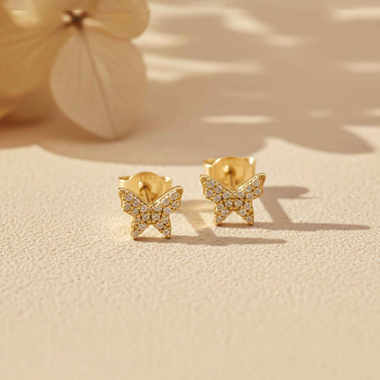 925 Sterling Silver With 14K Gold Plated Butterfly Cubic Zirconia Stud Earrings