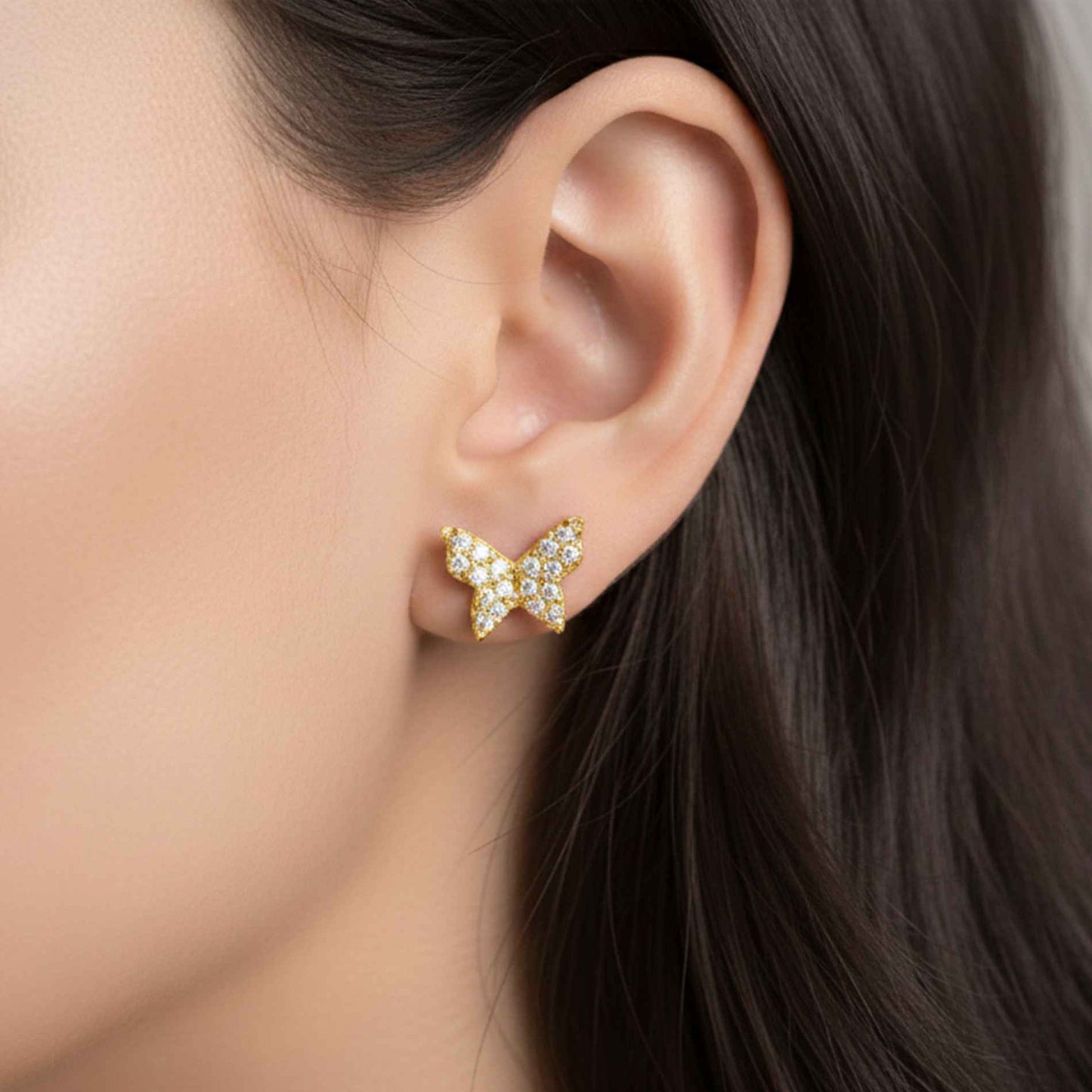 925 Sterling Silver With 14K Gold Plated Butterfly Cubic Zirconia Stud Earrings