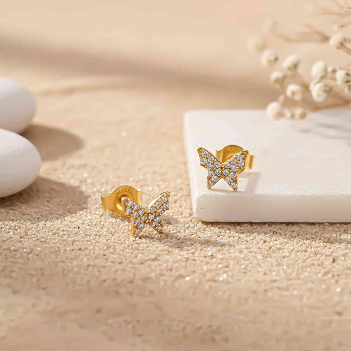 925 Sterling Silver With 14K Gold Plated Butterfly Cubic Zirconia Stud Earrings