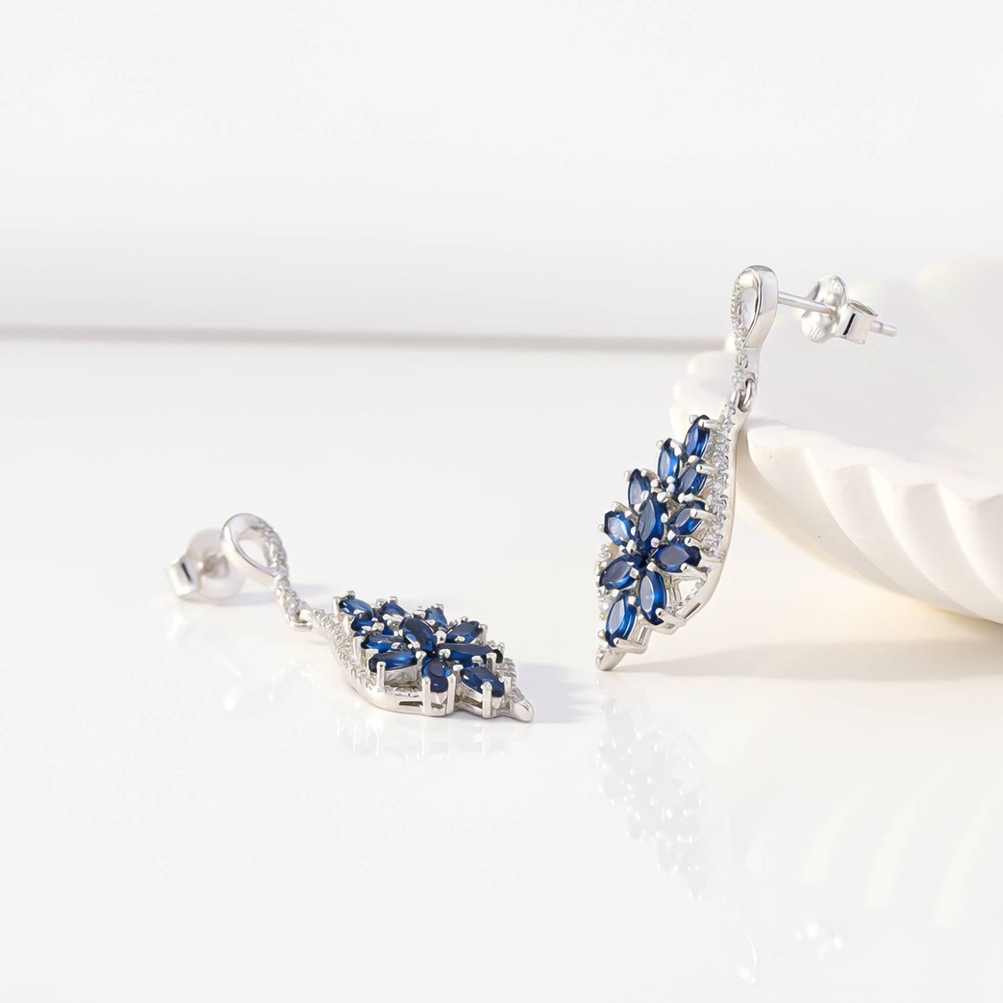 925 Sterling Silver Sapphire Flower Swirl Drop Earrings
