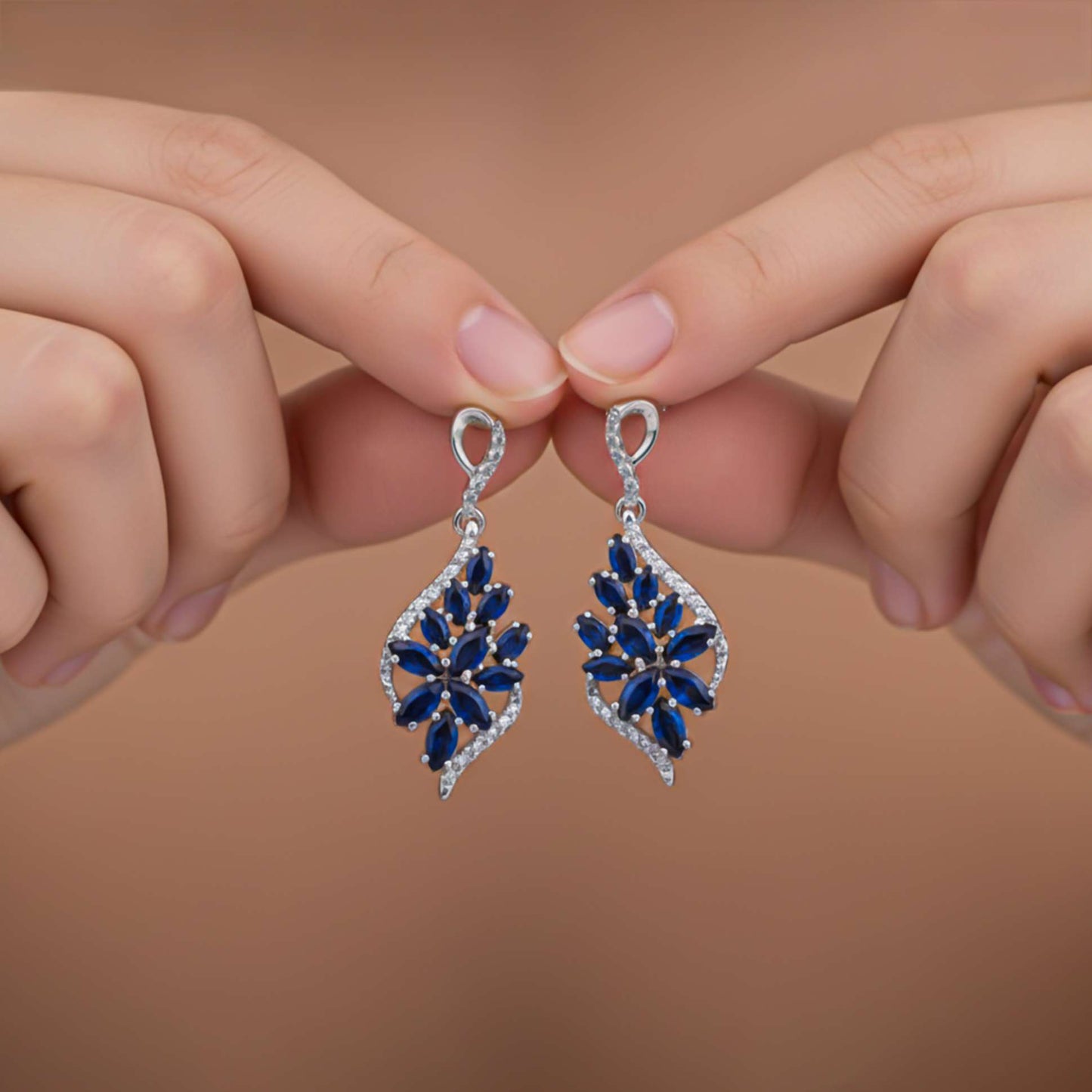 925 Sterling Silver Sapphire Flower Swirl Drop Earrings