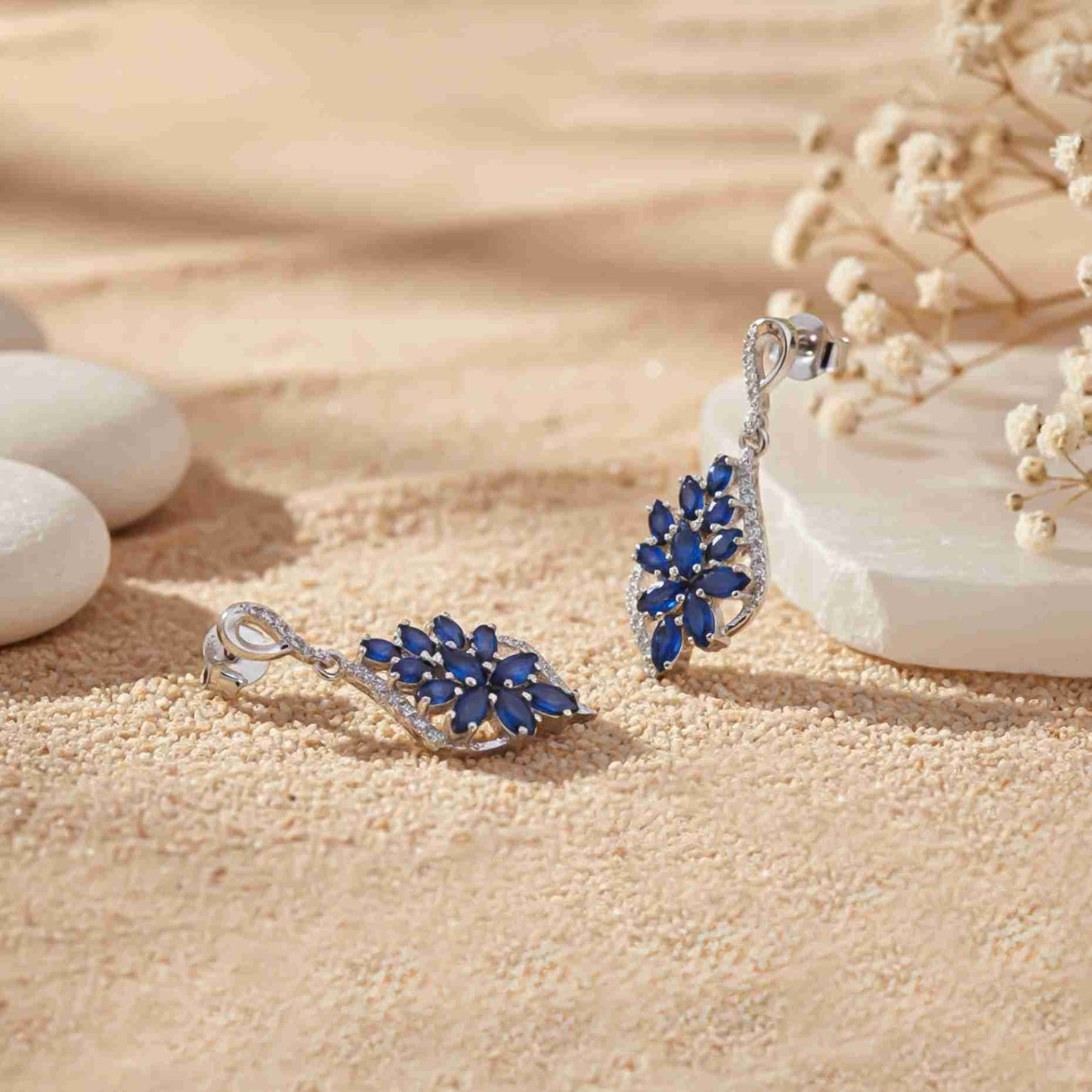 925 Sterling Silver Sapphire Flower Swirl Drop Earrings