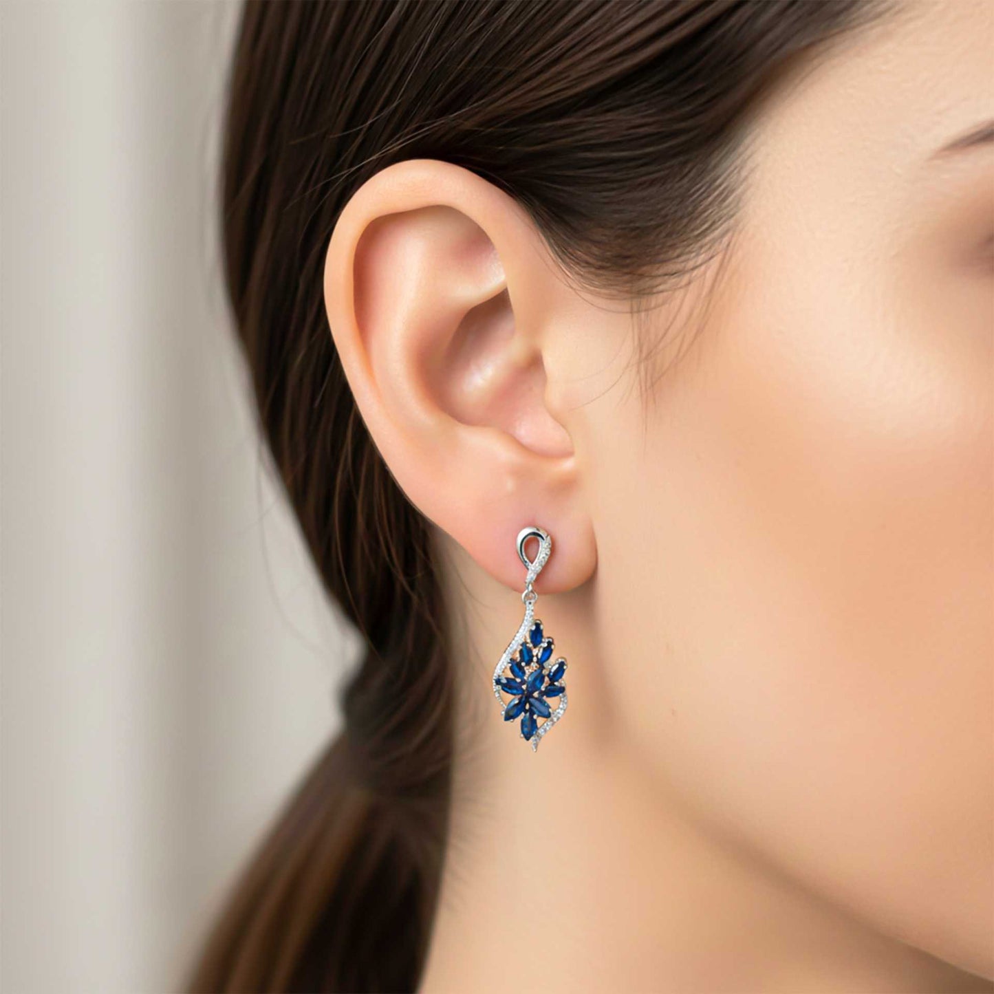925 Sterling Silver Sapphire Flower Swirl Drop Earrings