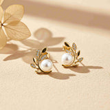 925 Sterling Silver With Gold Vermeil Pearl Leaf Stud Earrings Gold Vermeil (2.5 Micron)