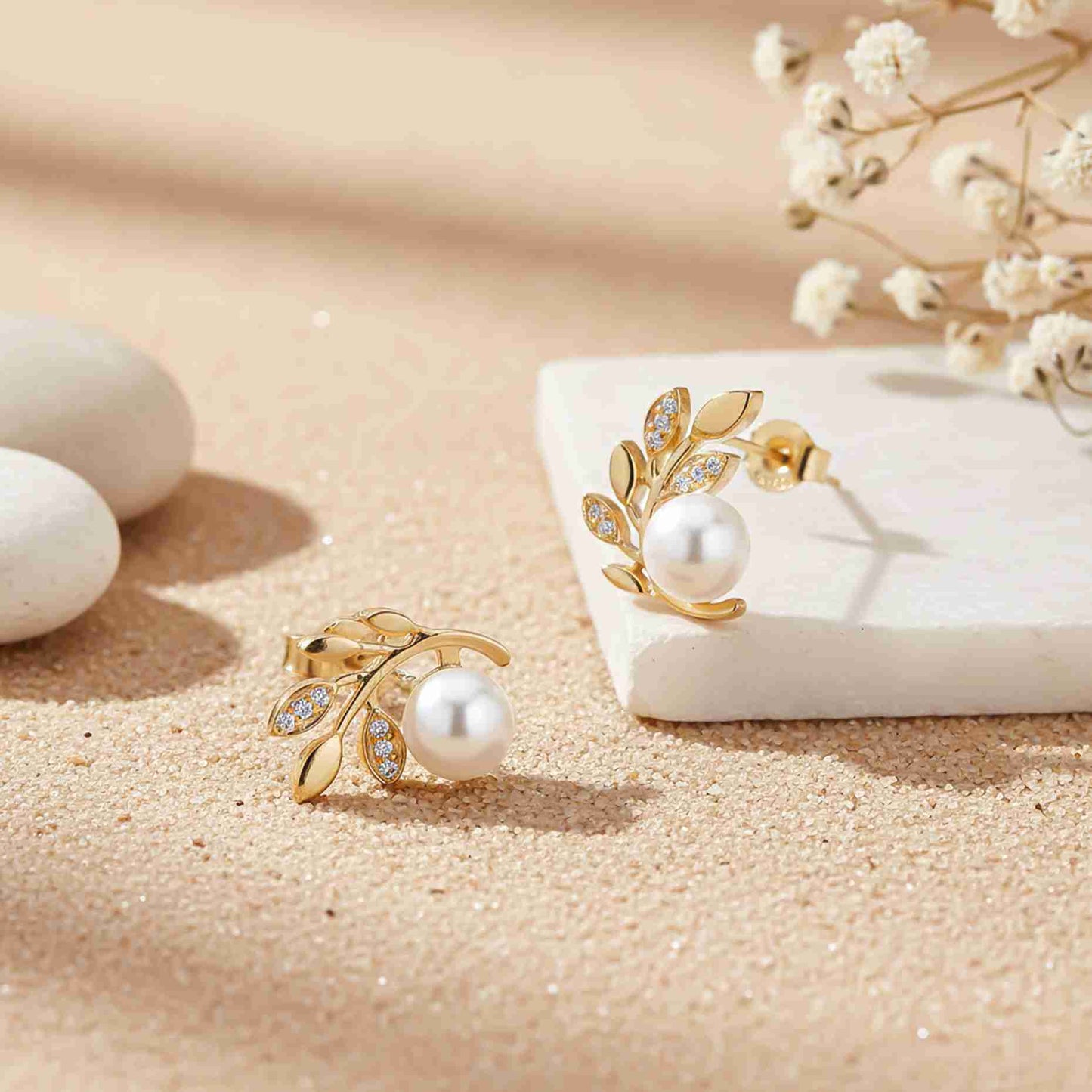925 Sterling Silver With 14K Gold Plated Pearl Leaf Stud Earrings
