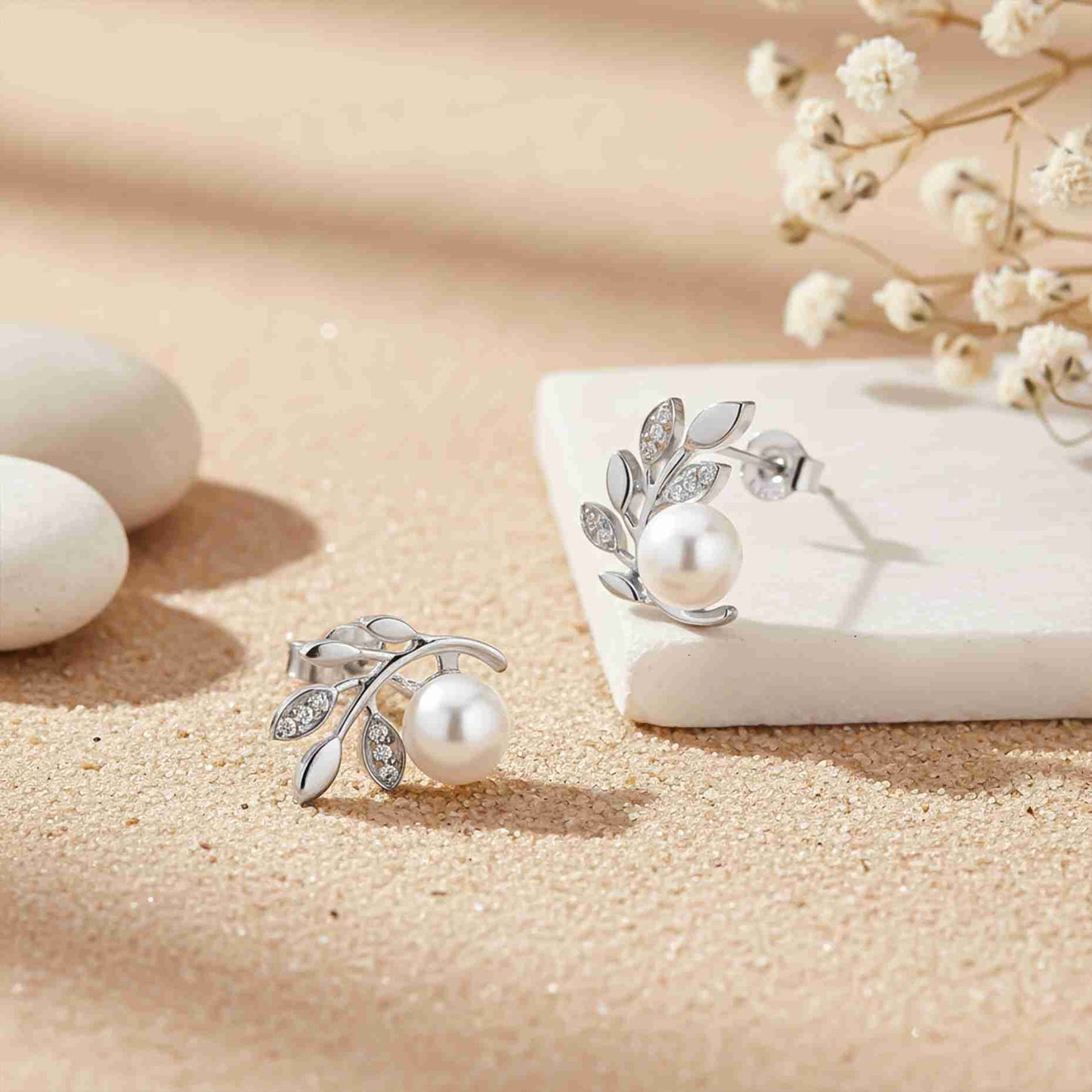 925 Sterling Silver Pearl Leaf Stud Earrings