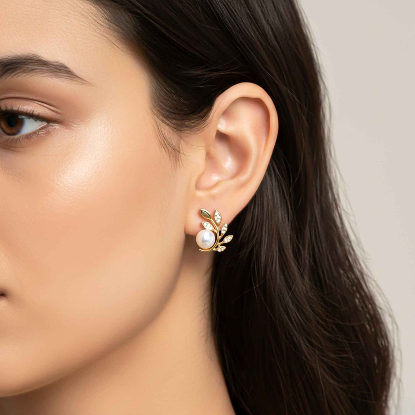 925 Sterling Silver With 14K Gold Plated Pearl Leaf Stud Earrings