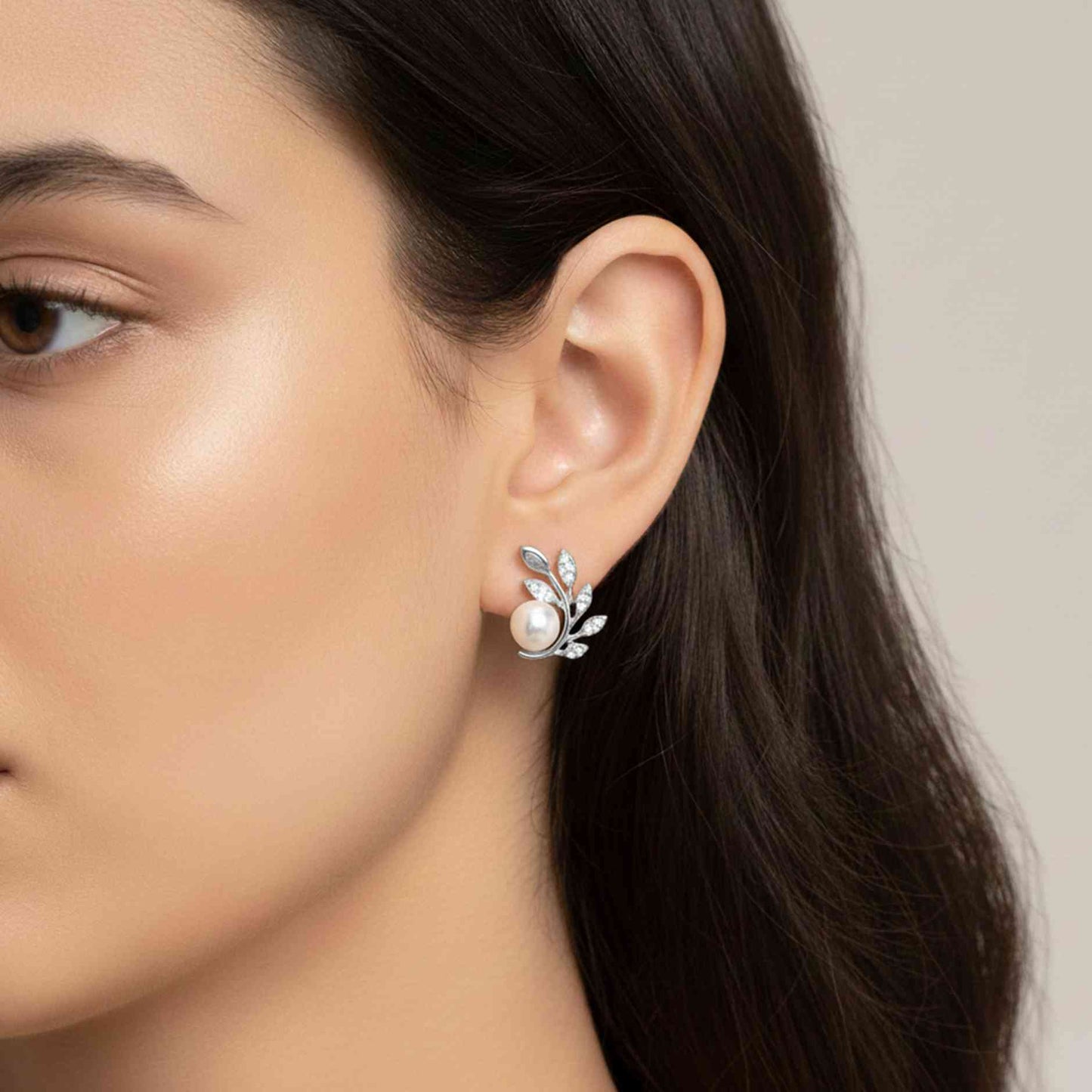 925 Sterling Silver Pearl Leaf Stud Earrings