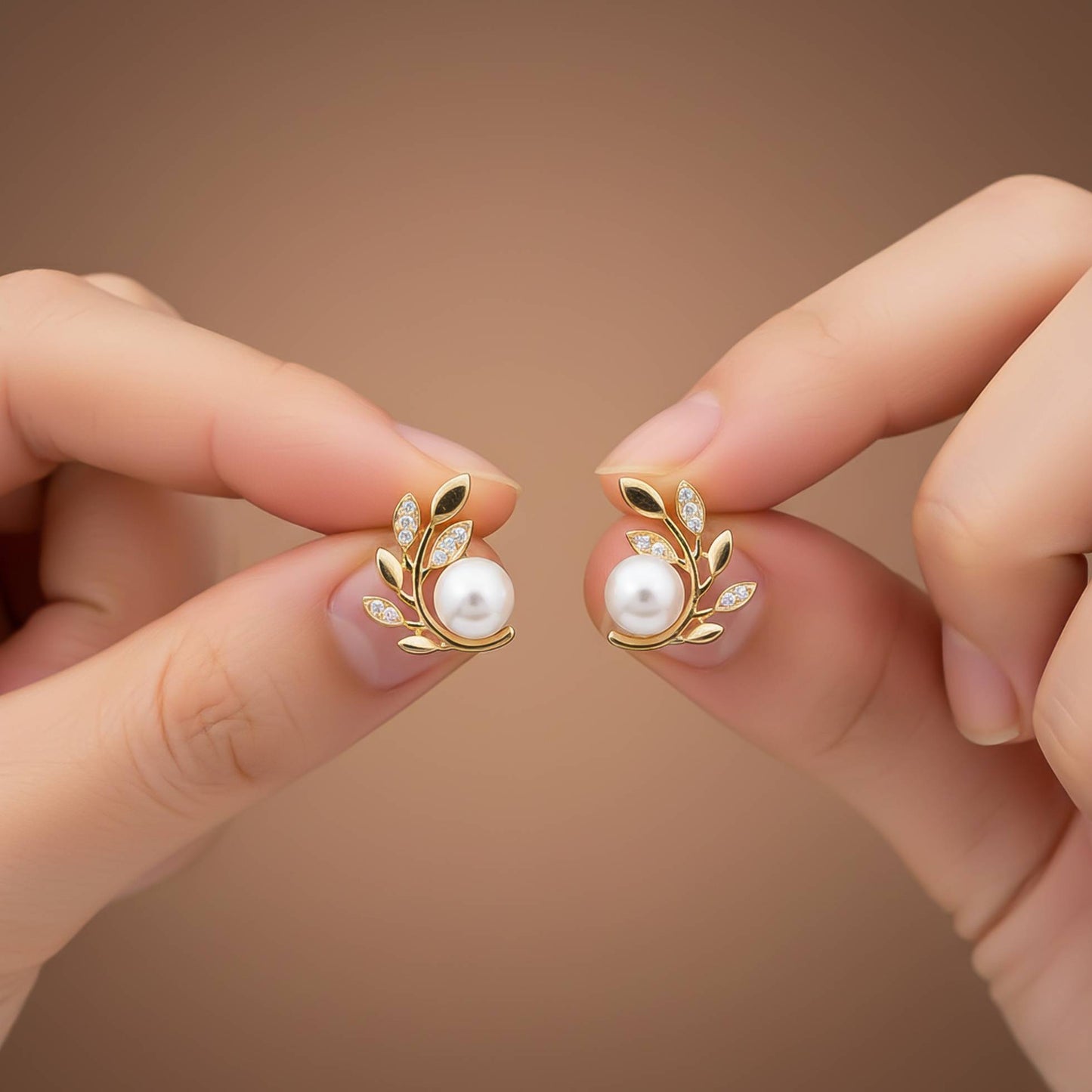 925 Sterling Silver With 14K Gold Plated Pearl Leaf Stud Earrings