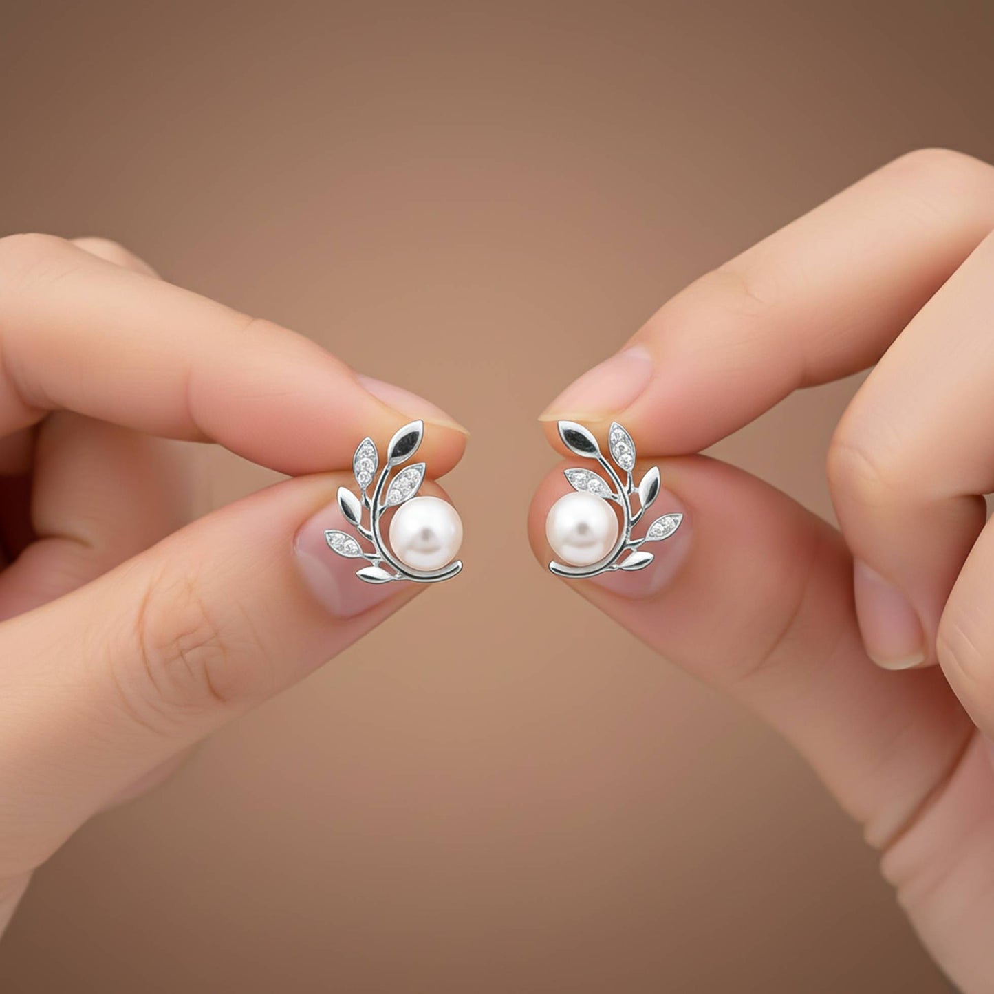925 Sterling Silver Pearl Leaf Stud Earrings