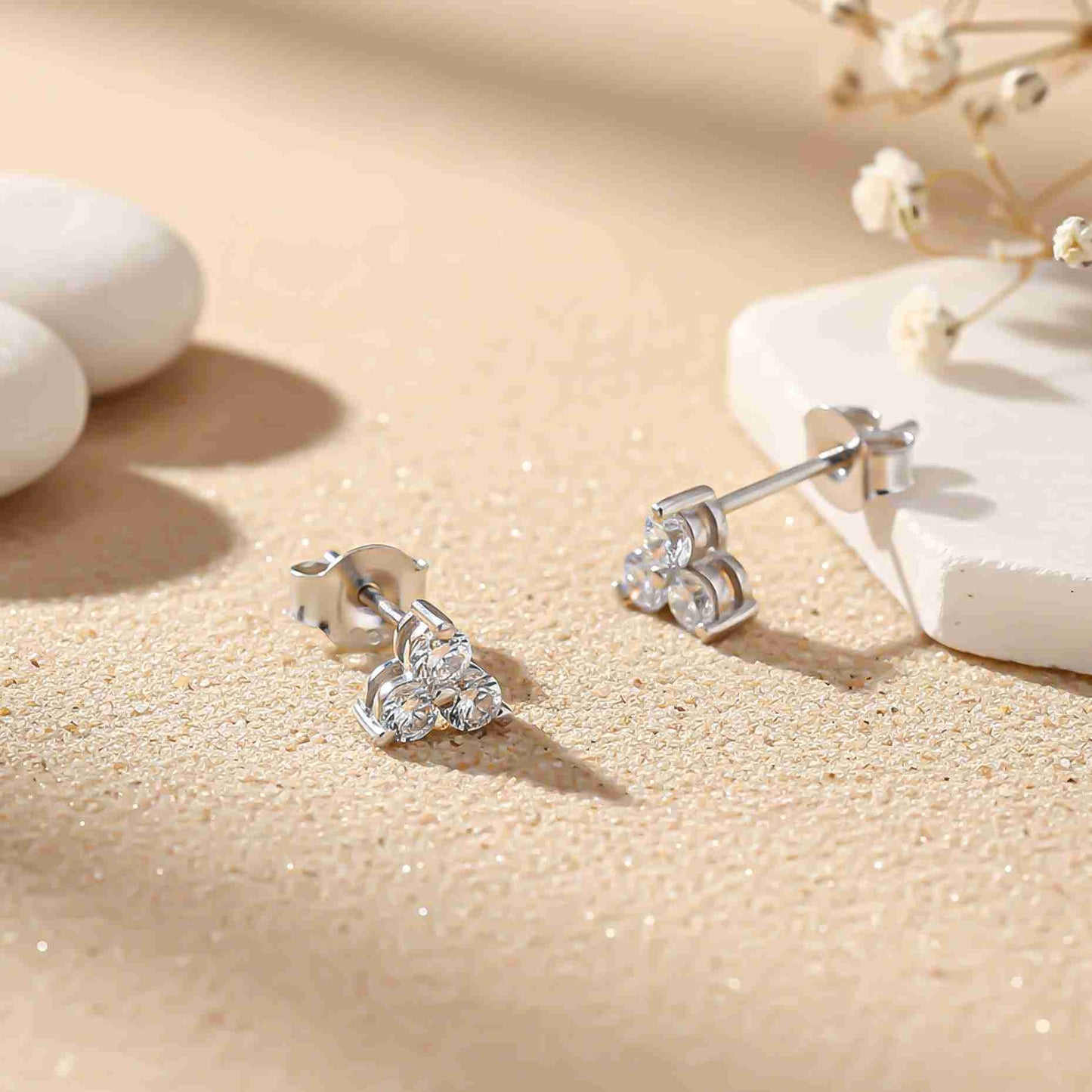 Silver Three Stoned Stud Earrings 14K Gold Plated