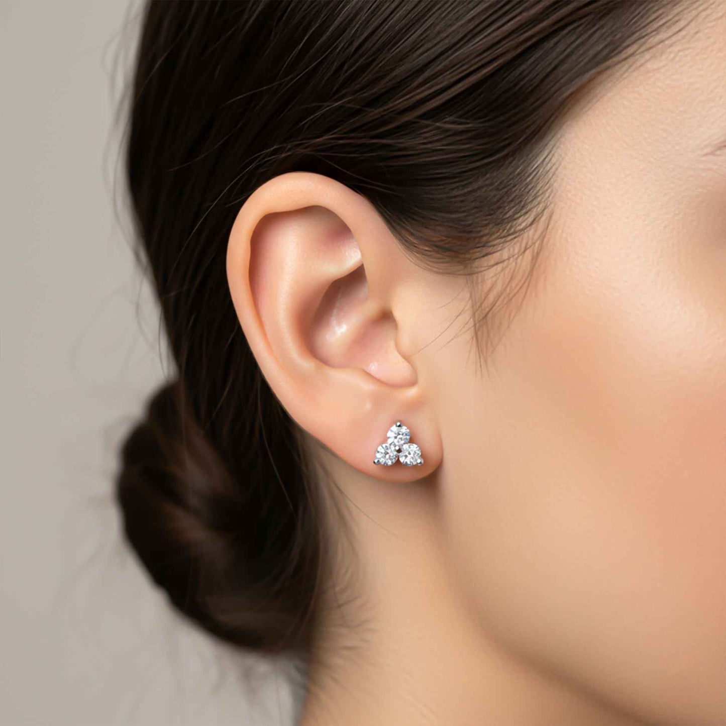 Silver Three Stoned Stud Earrings 14K Gold Plated