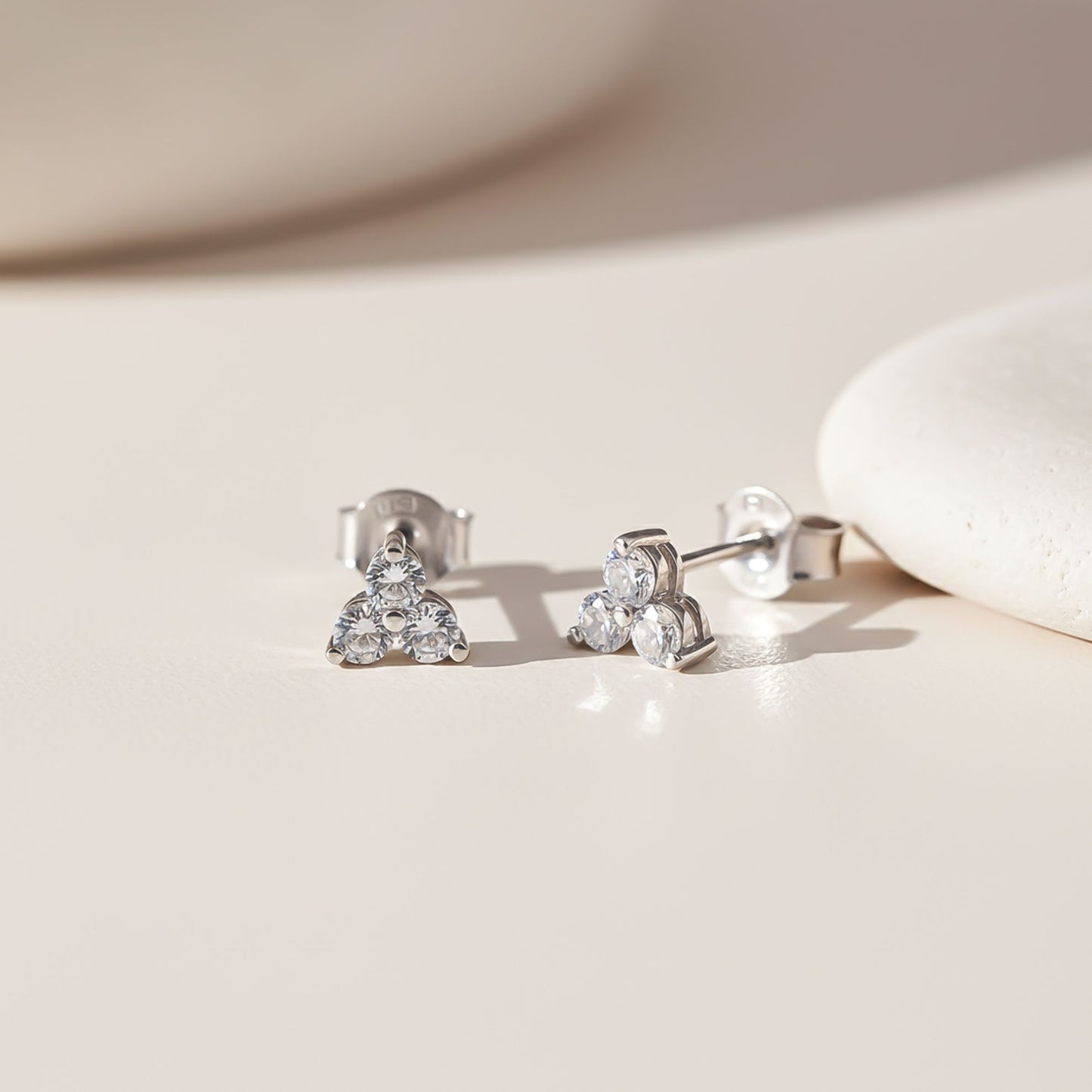 Silver Three Stoned Stud Earrings 14K Gold Plated