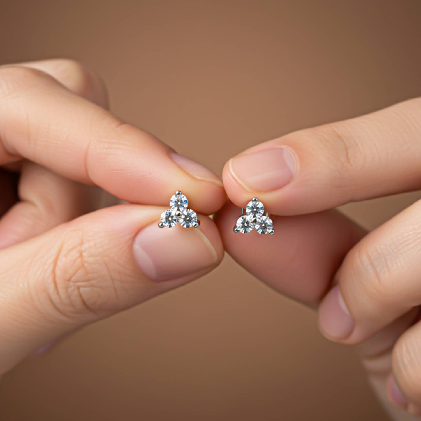Silver Three Stoned Stud Earrings 14K Gold Plated