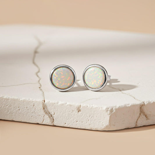 Silver Round Opal Stud Earrings for Women