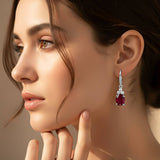 Silver Ruby Oval Drop CZ Earrings for Women
