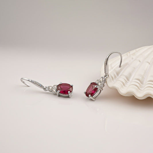 Silver Ruby Oval Drop CZ Earrings for Women