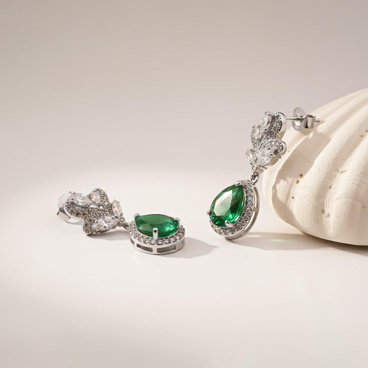 Silver Emerald Teardrop Statement Earrings