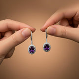 Silver Amethyst Halo Drop Earrings for Women
